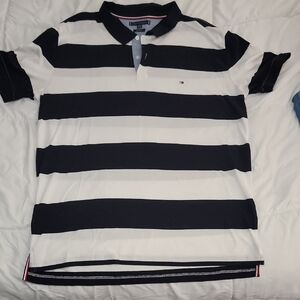 Tommy Hilfiger Men's Black and White Striped Polo Shirt